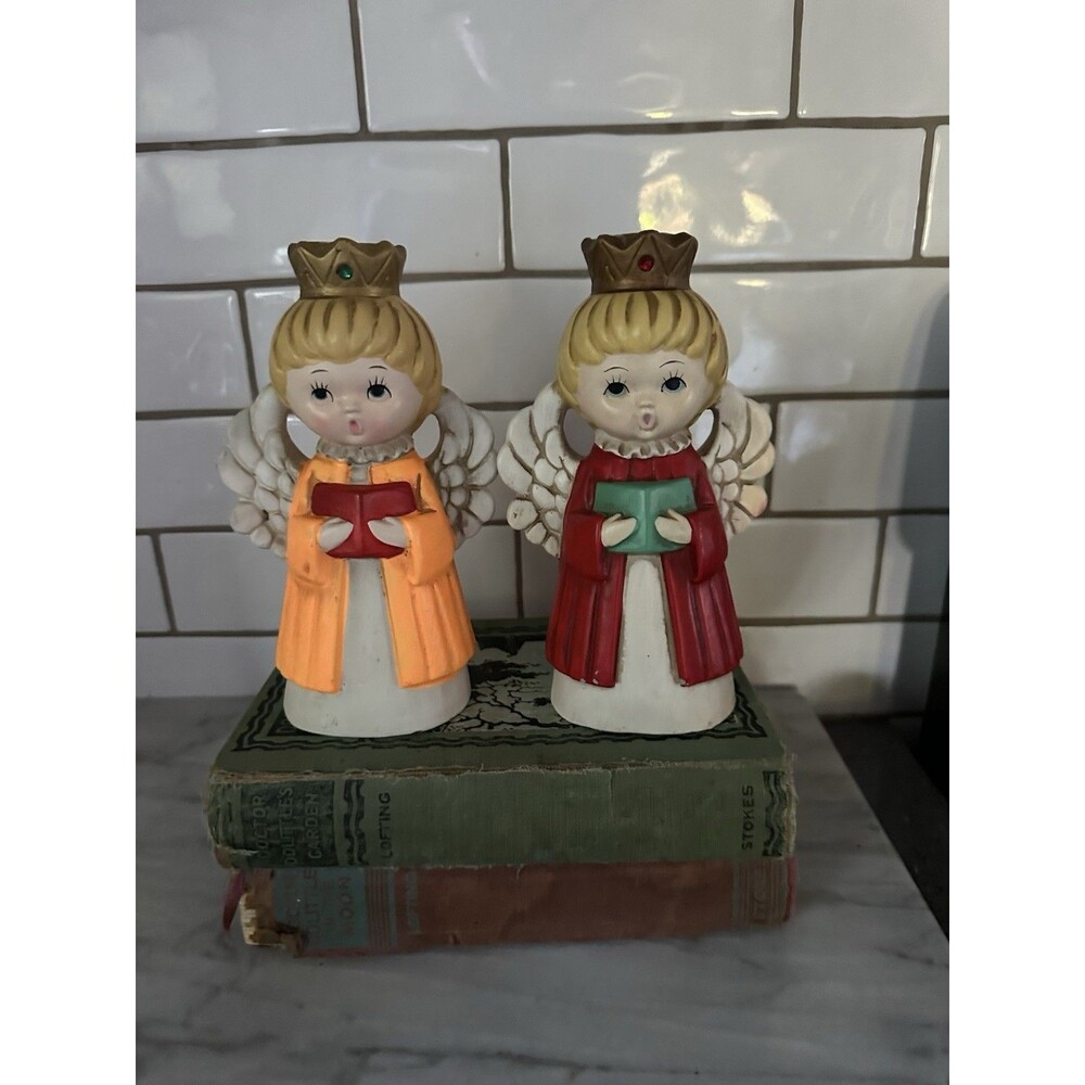 Vintage Homco Japan Set Of 2 Christmas Choir Caroler Angel Candle Holder 1960s